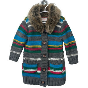 Hanna Andersson Longline Cardigan Sweater Girl Rainbow Fur Collar 80(12-18M) A14